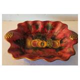 LR - Raymond Waites Ceramic Fruit Trio: Pear-Footed Pedestal Dish, Red Scalloped Bowl, Yellow Pear Jar