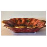 LR - Raymond Waites Ceramic Fruit Trio: Pear-Footed Pedestal Dish, Red Scalloped Bowl, Yellow Pear Jar