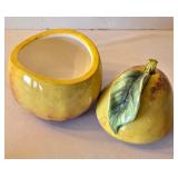 LR - Raymond Waites Ceramic Fruit Trio: Pear-Footed Pedestal Dish, Red Scalloped Bowl, Yellow Pear Jar