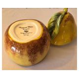 LR - Raymond Waites Ceramic Fruit Trio: Pear-Footed Pedestal Dish, Red Scalloped Bowl, Yellow Pear Jar