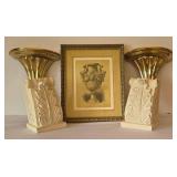 DR - Decorative Crafts Lacquered 4548 Gold Wall Shelves (Pair) & Ornate Corbels with 9x11 Framed Urn Print