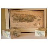 LR - Framed Caribbean Map and Pair of Map-Pattern Storage Boxes