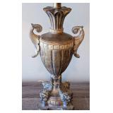 UL - Antique Bronze Urn Table Lamp with Scroll Handles & Fabric Shade