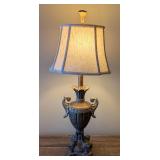 UL - Antique Bronze Urn Table Lamp with Scroll Handles & Fabric Shade