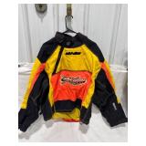 A two-piece snowmobile suit