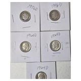 5- Silver Dimes (1946D, 1956D, 1960D, 1964D, 1964D)