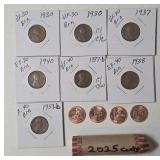 7- Brown (Misc. Years) Wheat Pennies from 1930 - 1995 , 1 Roll of 2025 Pennies - Mint, 4 - 2009 Lincoln Pennies - Key Date