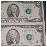 1976 US Bureau Engraving and Printing 4 Uncut 1976 $2 Bills UNC
