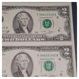 1976 US Bureau Engraving and Printing 4 Uncut 1976 $2 Bills UNC