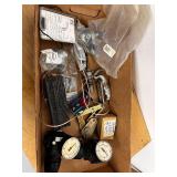 Box of Assorted Pneumatic and Plumbing Parts, Valves, Gauges, Fittings, and Tools
