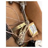 Box of Assorted Pneumatic and Plumbing Parts, Valves, Gauges, Fittings, and Tools