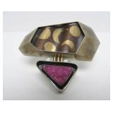 Large Signed Sterling Silver Copper & 18K Gold Designer Modernist Brooch