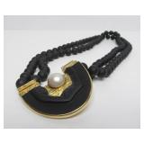 18K Designer Gold Pendant Necklace w/Mabe Pearl & Black Onyx Beads