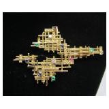 Exceptional Solid 18K Gold & Gemstone Brutalist Brooch Pendant