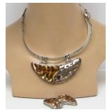 Large Sterling Silver & Cloisonné Enamel Necklace & Earring Set Signed "BW"