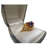 14K Gold Ring - Set w/Rubies & Lapis - Ornate Filigree Goldwork - Size 6.5