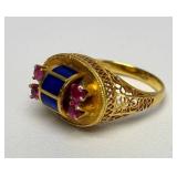 14K Gold Ring - Set w/Rubies & Lapis - Ornate Filigree Goldwork - Size 6.5