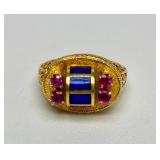 14K Gold Ring - Set w/Rubies & Lapis - Ornate Filigree Goldwork - Size 6.5