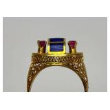 14K Gold Ring - Set w/Rubies & Lapis - Ornate Filigree Goldwork - Size 6.5
