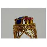 14K Gold Ring - Set w/Rubies & Lapis - Ornate Filigree Goldwork - Size 6.5