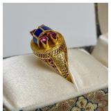 14K Gold Ring - Set w/Rubies & Lapis - Ornate Filigree Goldwork - Size 6.5