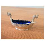 35-grams Viking Ship theme Sterling Silver Salt Cellar (Norway) 3 1/2" x 1 3/4" with Cobalt Blue Glass Insert and Matching Spoon