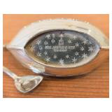 35-grams Viking Ship theme Sterling Silver Salt Cellar (Norway) 3 1/2" x 1 3/4" with Cobalt Blue Glass Insert and Matching Spoon