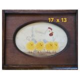 Sweet Hen and Chicks Watercolor Framed Art signed Wells 