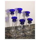 Set of Six Cobalt Blue Cut Crystal Stem Candleholders