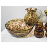 Large Tortoiseshell Art Glass Entertaining Set with Pitcher, Bowl & Mixed Stemware