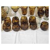 Large Tortoiseshell Art Glass Entertaining Set with Pitcher, Bowl & Mixed Stemware