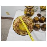 Large Tortoiseshell Art Glass Entertaining Set with Pitcher, Bowl & Mixed Stemware