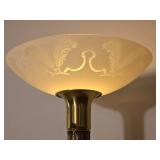 Elegant Brass Torchiere Floor Lamp with Etched Glass Shade