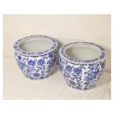 Pair of Blue & White Chinoiserie Floral Porcelain Planters
