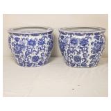 Pair of Blue & White Chinoiserie Floral Porcelain Planters