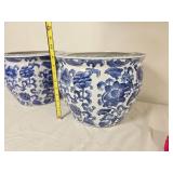 Pair of Blue & White Chinoiserie Floral Porcelain Planters