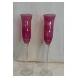 Pink Art Glass Champagne Flutes with Twisted Stems Pair