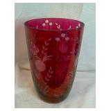 Cranberry Glass Etched Floral Tumbler