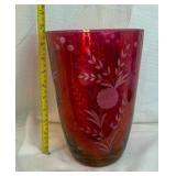 Cranberry Glass Etched Floral Tumbler
