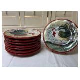 Rooster Motif Red Rim Salad Plates Set