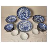 Blue and White Floral and Peacock Bowl and Plate Collection by Queen