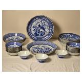 Blue and White Floral and Peacock Bowl and Plate Collection by Queen
