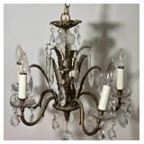 Antique Style Brass and Crystal Five Light Chandelier