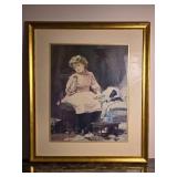 Gold Framed Vintage Style Print of Girl with Dog Interior Scene