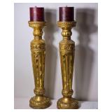 Pair of Antique Style Gold Gilt Column Candleholders with Pillar Candles