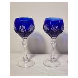 Set of Six Cobalt Blue Cut Crystal Stem Candleholders