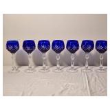 Cobalt Blue Cut Crystal Wine Goblets Set of Seven