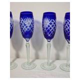 Cobalt Blue Cut Crystal Champagne Flutes Set of Seven