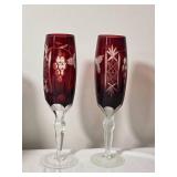 Red Cut Crystal Champagne Flutes Set