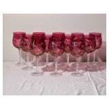 Set of 12 Cranberry Etched Crystal Wine Goblets